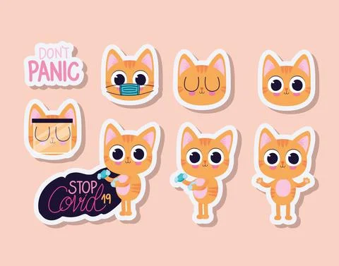 Bundle of cute kittys stickers on a light orange background Stock Illustration
