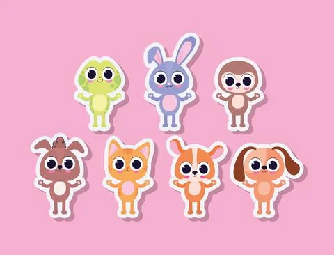 Bundle of cute pet stickers on a pink background Stock Illustration