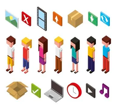 Bundle of data center and users avatars isometric set icons Stockillustratie