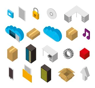 Bundle of data center storage isometric set icons Stock Illustration
