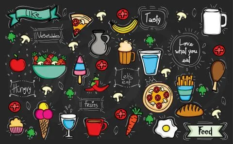 Bundle of delicious food pattern background Stock Illustration