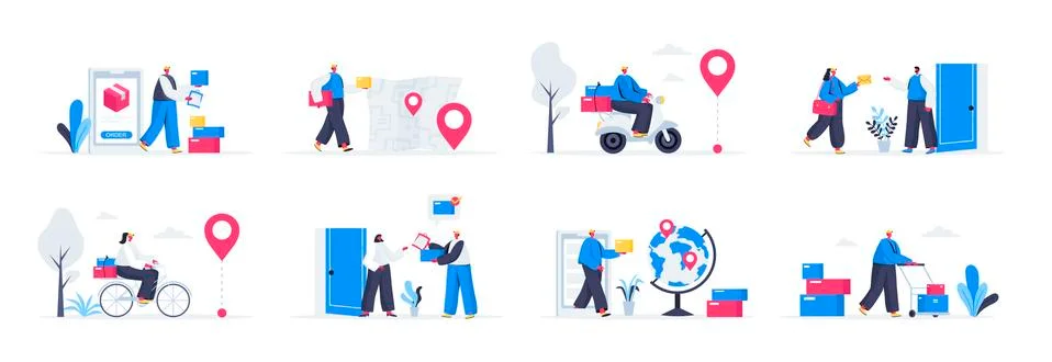 Bundle of delivery service scenes. Stock Illustration