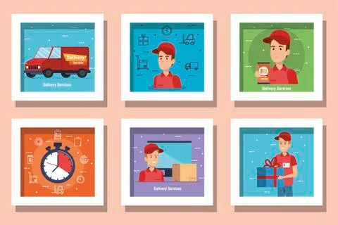 Bundle of delivery service with workers and icons Illustrazione stock
