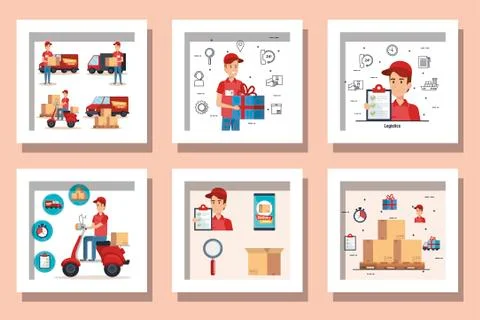 Bundle of delivery service with workers and icons Stock Illustration