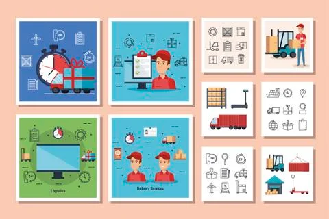 Bundle of delivery service with workers and icons Illustrazione stock