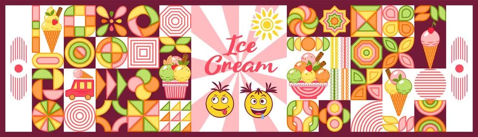 Bundle of design elements with ice cream, emoji in simple geometric style Stock Illustration