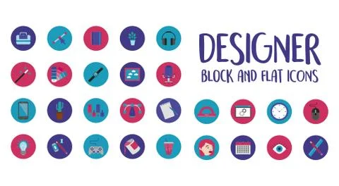 Bundle of designer set block and flat icons and lettering Illustrazione stock