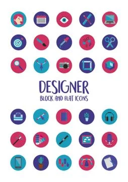 Bundle of designer set block and flat icons and lettering Illustrazione stock