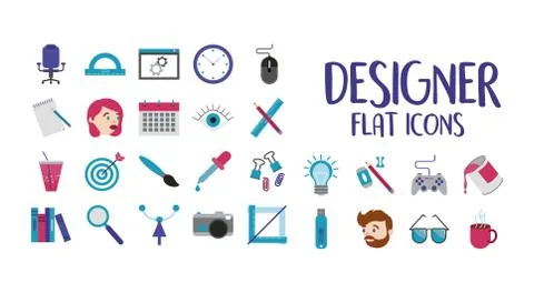 Bundle of designer set flat icons and lettering Stock Illustration