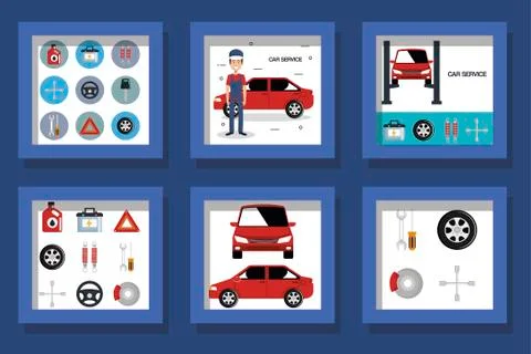 Bundle designs of car service and icons Illustrazione stock