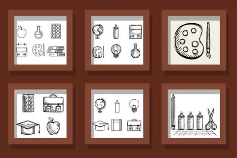 Bundle of designs drawn school education supplies Stock Illustration