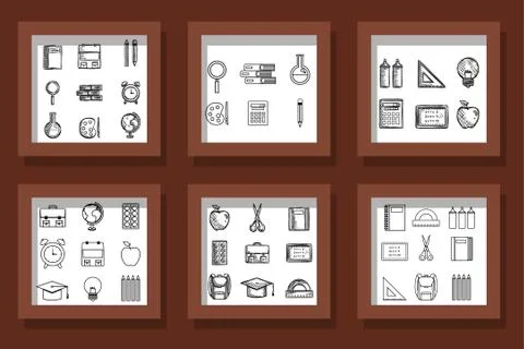 Bundle of designs drawn school education supplies Illustrazione stock