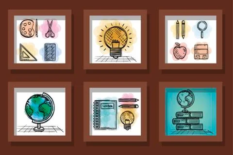 Bundle of designs drawn school education supplies Illustrazione stock