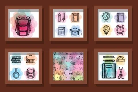 Bundle of designs drawn school education supplies Stock Illustration