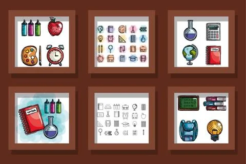 Bundle of designs drawn school education supplies Stock Illustration