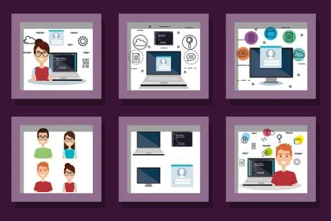 Bundle designs of programming computer with people and icons 스톡 일러스트