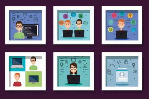 Bundle designs of programming computer with people and icons Stock Illustration