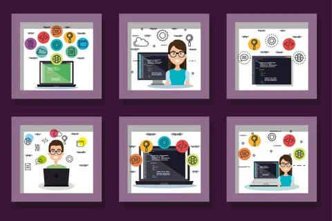 Bundle designs of programming computer with people and icons 스톡 일러스트