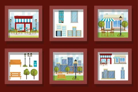 Bundle designs of scenes parks landscape and facades structures Ilustración de archivo