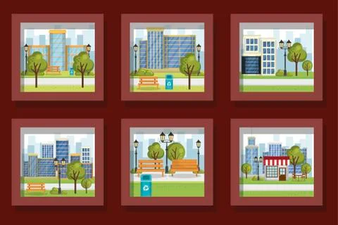 Bundle designs of scenes parks landscape 스톡 일러스트