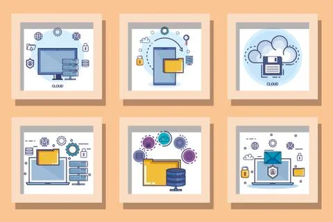 Bundle designs set of data center and icons 库存插图