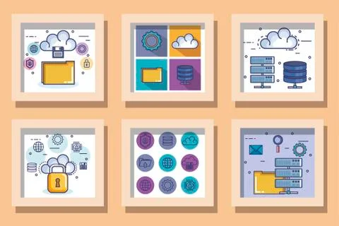 Bundle designs set of data center and icons 库存插图