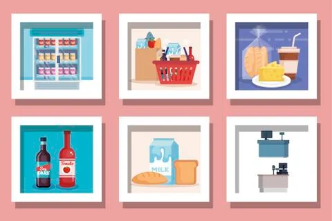 Bundle of designs supermarket products Stock Illustration