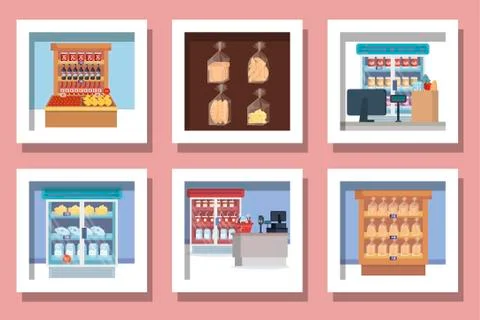 Bundle of designs supermarket products Stock Illustration