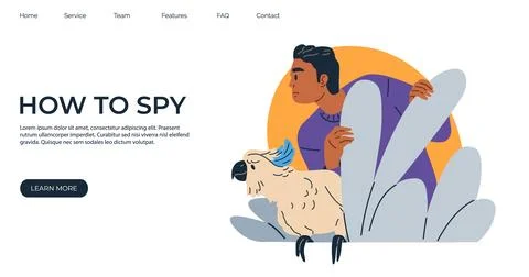 Bundle of detective with parrot assistant looking from bushes, sneaking, spying Illustrazione stock