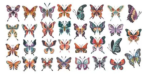 Bundle of different types of butterflies isolated. Stock Illustration
