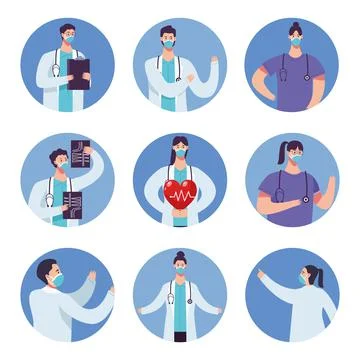 Bundle of doctors staff wearing facemask Stock Illustration