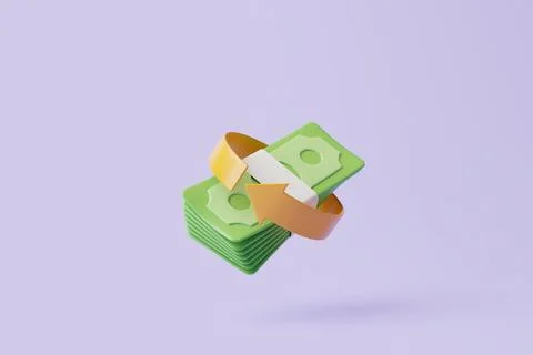 Bundle of dollar banknotes with gold arrow on violet pastel background Stock Illustration