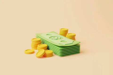 Bundle of dollar banknotes with pile of gold coins on beige background Stock Illustration