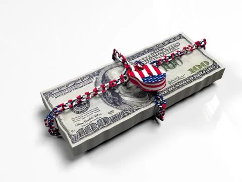 Bundle of dollars locked up with the colors  the American flag, as the concep イラスト素材