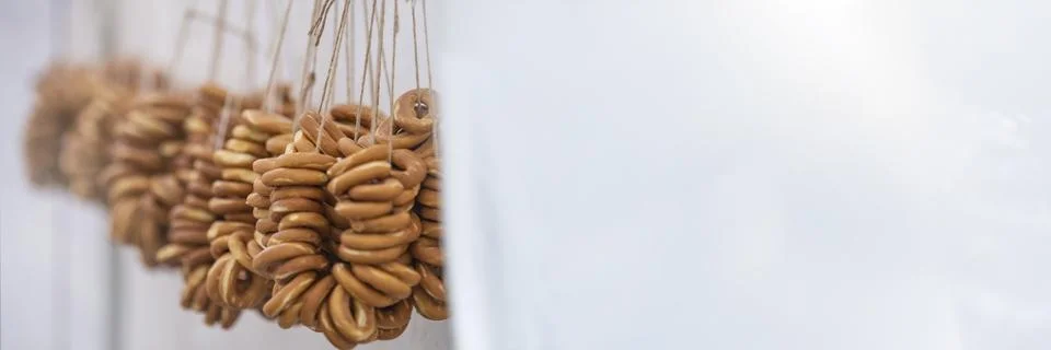 A bundle of dry ring-shaped cookies. Russian traditional cookies. Stock Photos