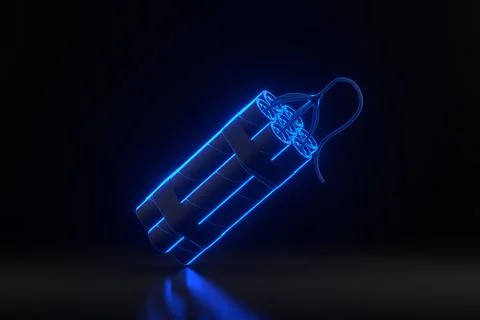 Bundle of dynamite sticks, TNT with wick with glowing futuristic neon lights 스톡 일러스트
