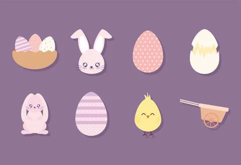 Bundle of easter icons on a purple background Stock Illustration