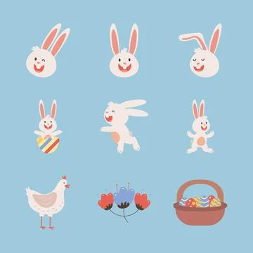 Bundle of easter rabbits with hen and eggs painted Illustration