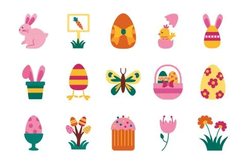 Bundle of easter set flat icons Stock Illustration