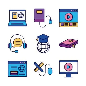 Bundle of education online set icons Stock Illustration