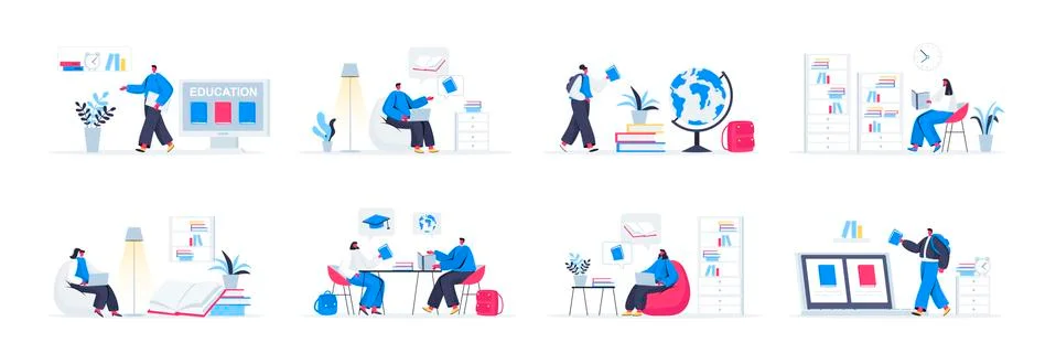 Bundle of education scenes. Stock Illustration