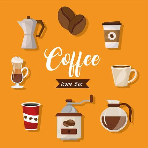 Bundle of eight coffee delicious drink set icons and lettering Stock Illustration