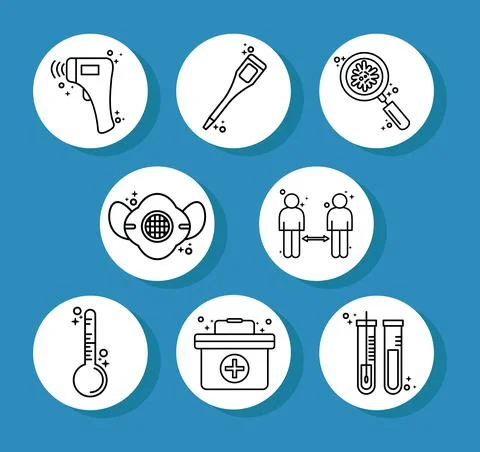 Bundle of eight covid19 pandemic set line style icons in blue background Stock Illustration