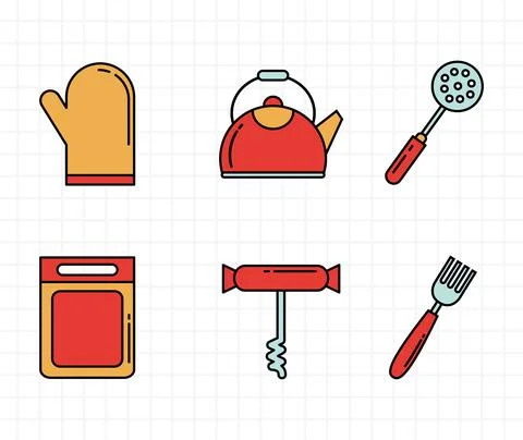 Bundle of eight kitchen utensils set line and colors style icons Stock Illustration