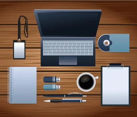 Bundle of eight mockup branding elements in wooden background Stock Illustration