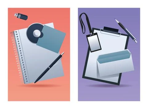 Bundle of eight mockup branding elements in orange and purple backgrounds Illustrazione stock