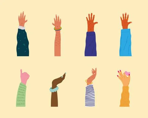 Bundle of eight people diversity hands humans up Stock Illustration