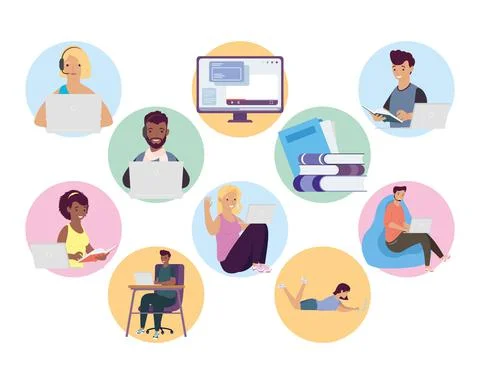 Bundle of eight students with laptops and icons education online Stock Illustration
