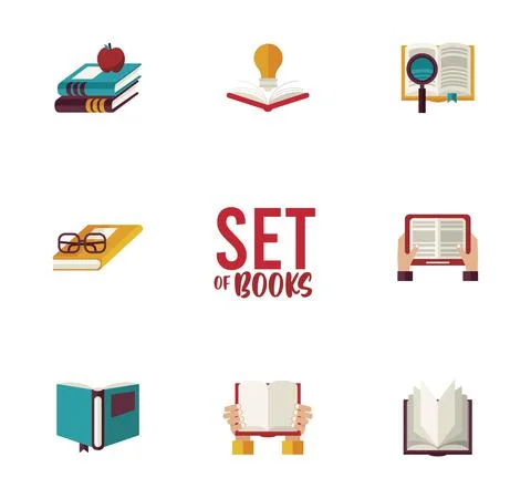Bundle of eight texts books education supplies and lettering イラスト素材