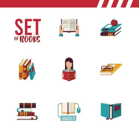 Bundle of eight texts books education supplies icons and lettering 库存插图